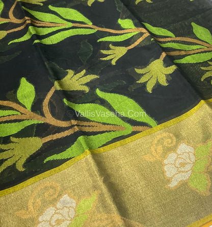 Banarasi Pochampally Weaving Semi Soft Cotton Saree - Black with Green - VVBPS001