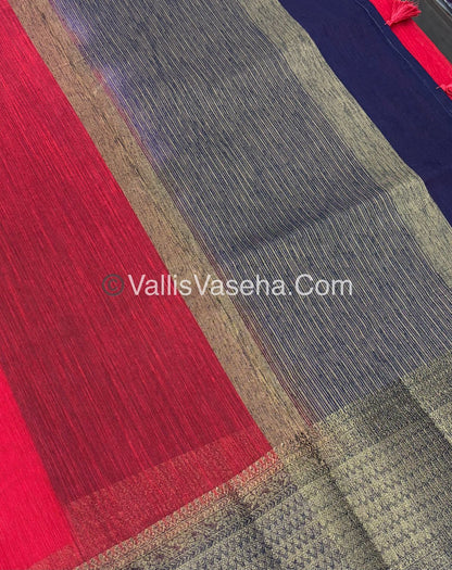 Bamboo Silk Saree - Red With Navy Blue Shade - VVBSS003