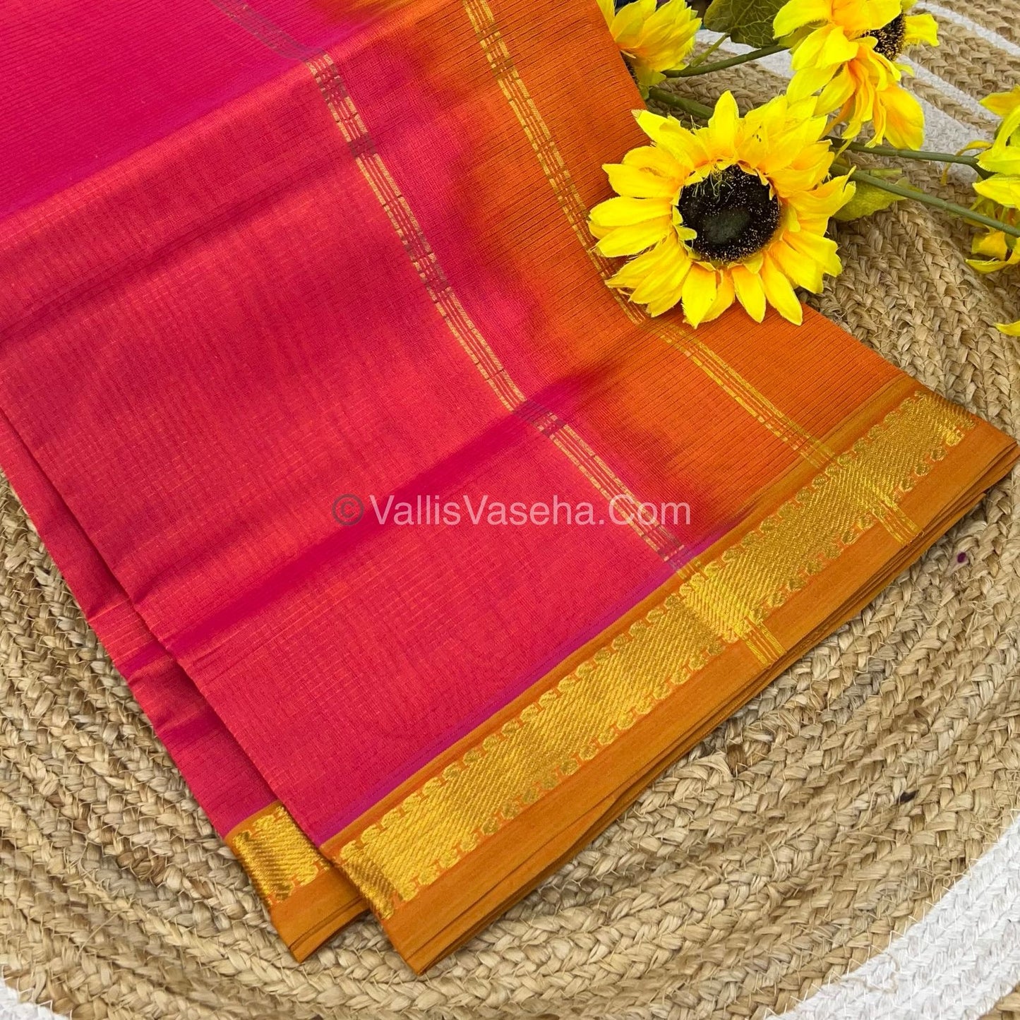 Pure Silk Cotton Sarees - Peachish Pink With Orange - VVPSC003