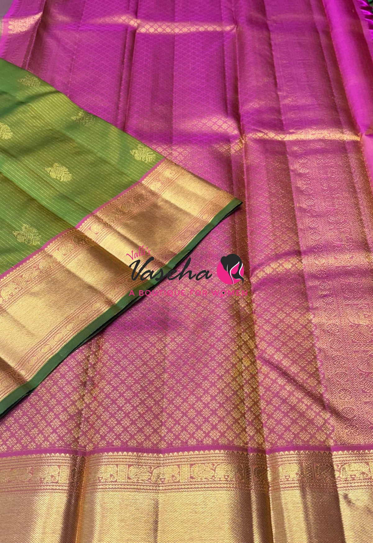 Pure Kanchipuram Silk Saree - Vairavoosi Design  - Green With Pink - VVPS059