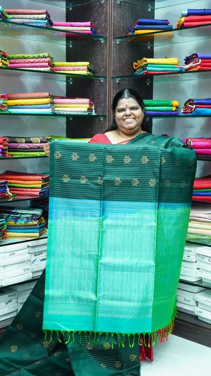 Pure Soft Silk Saree - Vaira Voosi design - Green With Teal Green ( lemon mixed) Combo - VVPSS016