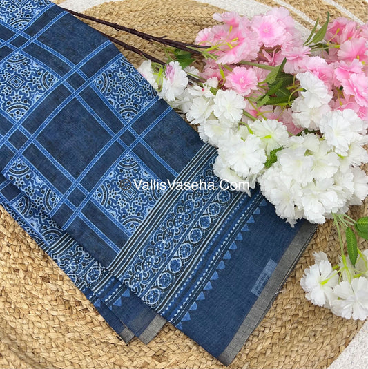 Linen Mixed Cotton Saree - Indigo Blue - Printed - VVLMP001