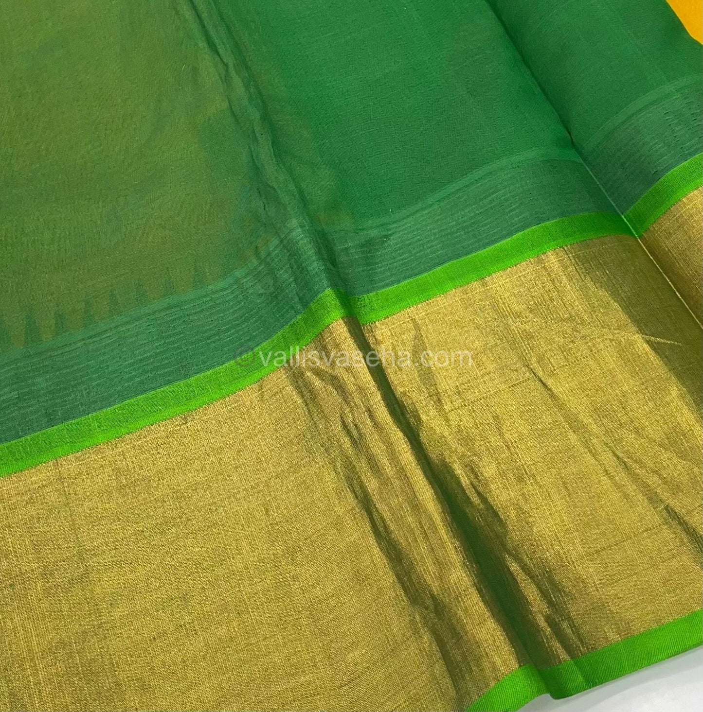 Pure Korvai Silk Cotton Saree - Yellow  with Green Combo - Temple border - VVKSC001