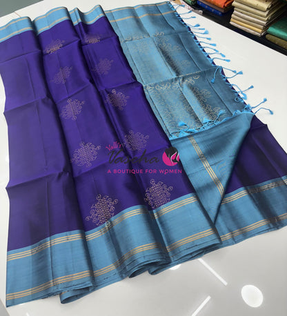 Pure Soft Silk Saree - (1.75 Warp) Kolam Design - Shade Of Blue & Blue Shade - VVPSS074
