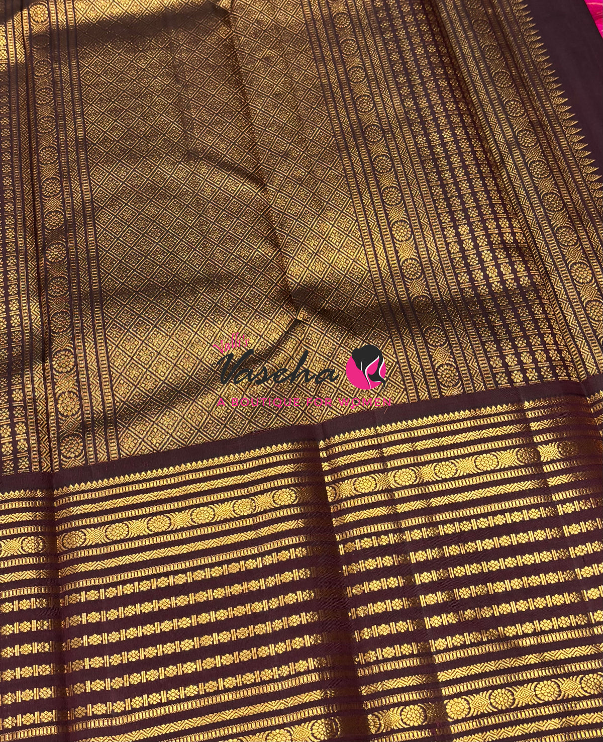 Pure Vintage Korvai Kanchipuram Silk Saree - Pink With Brown - VVPS102
