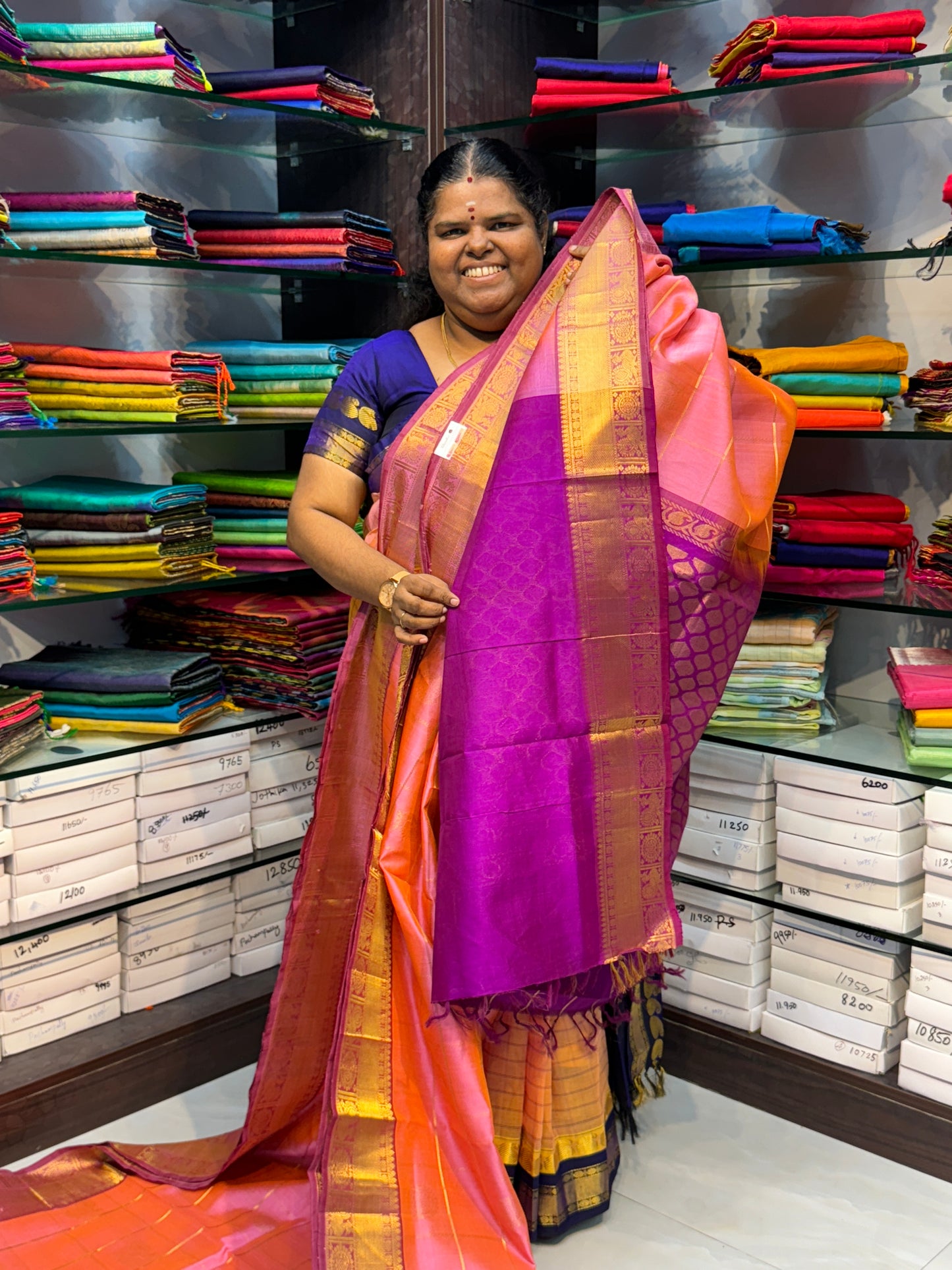 Pure Silk Cotton Saree - Mayil & Chakkaram Design - Peachish Pink with Purple - VVMC001