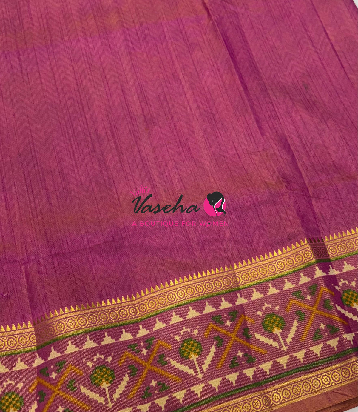 Semi Patola / Art Silk Saree - Green With Pink Combo - VVSPS001