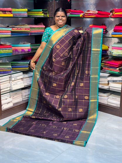 Pure Silk Cotton Saree - Mayil & Chakkaram Design - Brown With Blue - VVMC001