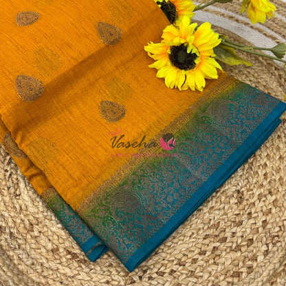 Bamboo Silk Saree- Yellow with Blue Shade - VVBSS016