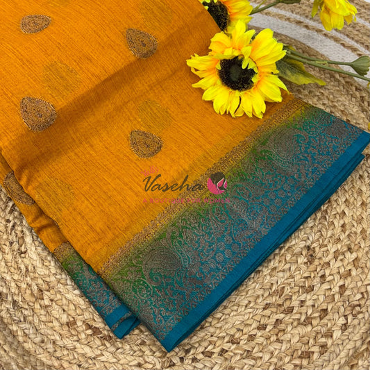 Bamboo Silk Saree- Yellow with Blue Shade - VVBSS016