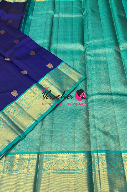 Pure Vintage Korvai Kanchipuram Silk Saree - Blue With Turquoise Blue - VVPS062