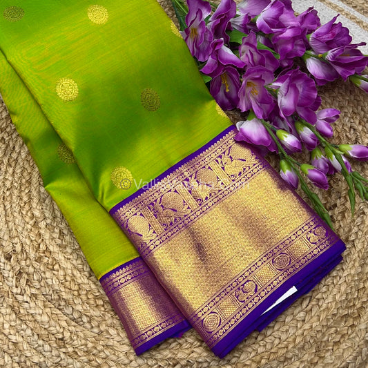 Pure Kanchipuram Silk Saree - Lemon Green / Sneha Green With Purple Combo - VVPS010