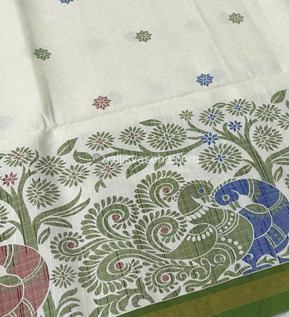 Semi Tussar / Semi Chappa Silk |Peacock Design | - Cream & Green Combo - VVSTS018