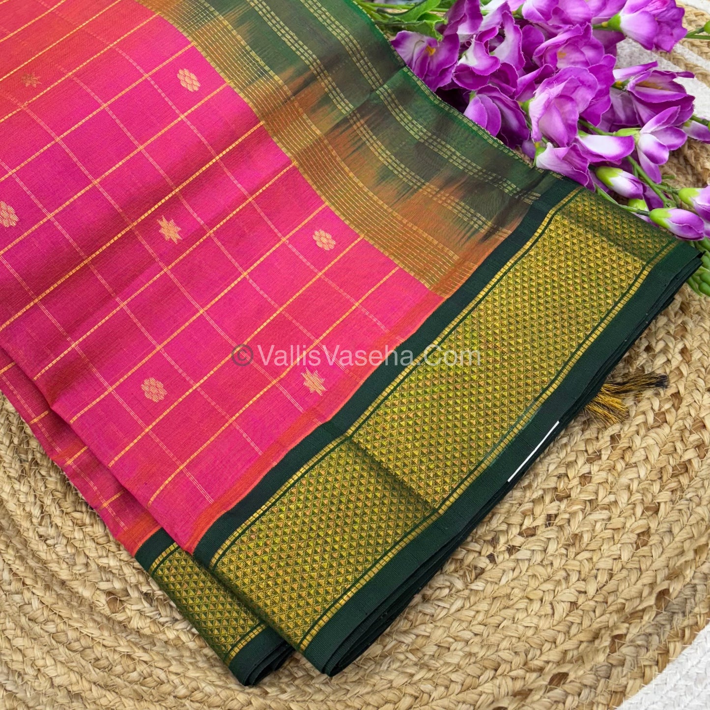 Pure Korvai Silk Cotton - Checks Pattern - Pink  with Green Shade  - VVKSC015