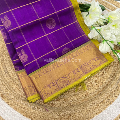 Pure Silk Cotton Saree - Mayil & Chakkaram Design - Purple With Lemon Green Shade - VVMC001