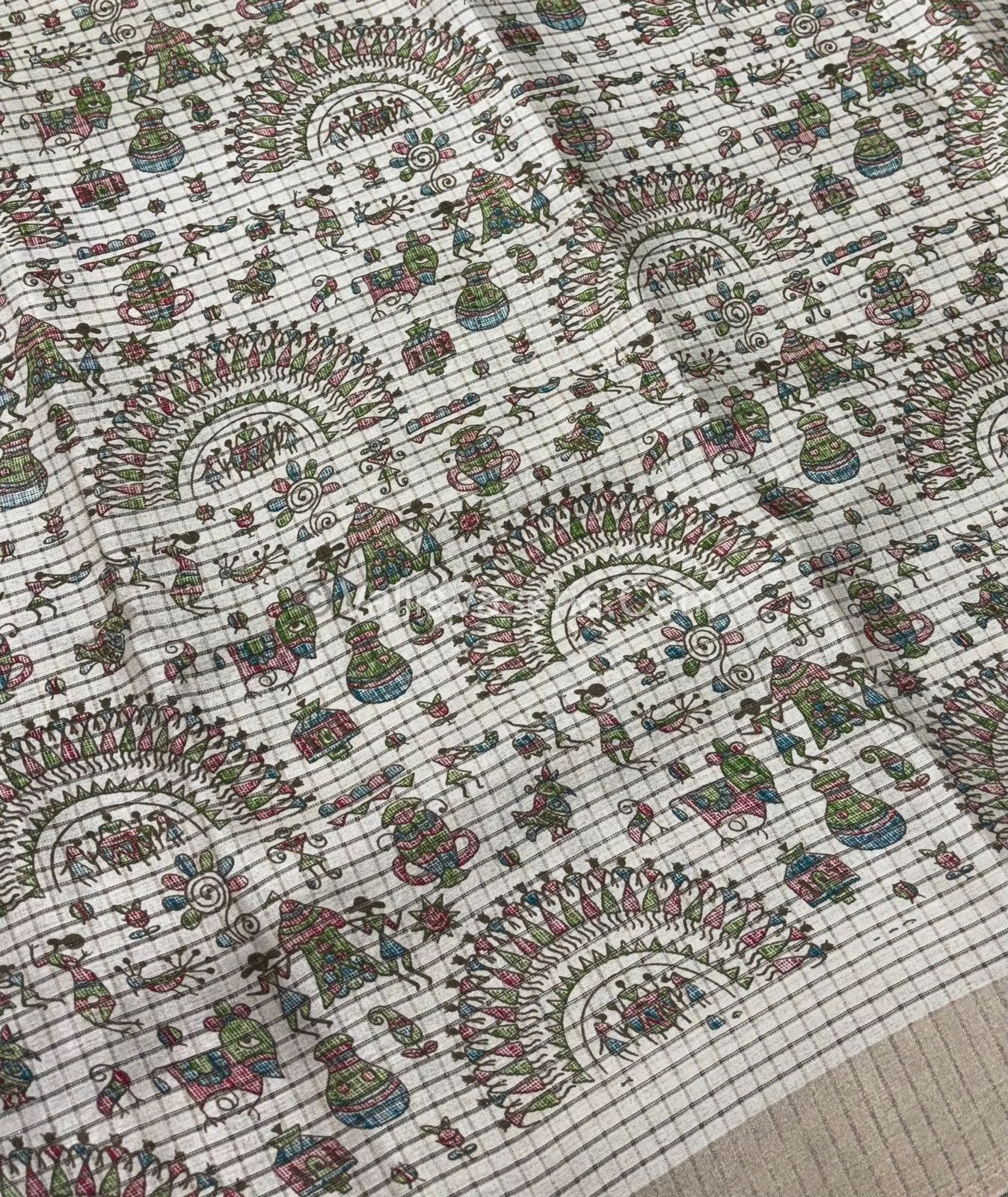 Light Weight Fancy Mixed Kota Cotton - Varli Design Printed Saree - Cream Shade - VVKPC001