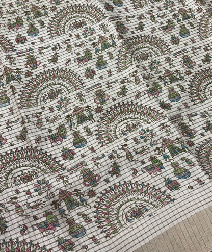 Light Weight Fancy Mixed Kota Cotton - Varli Design Printed Saree - Cream Shade - VVKPC001