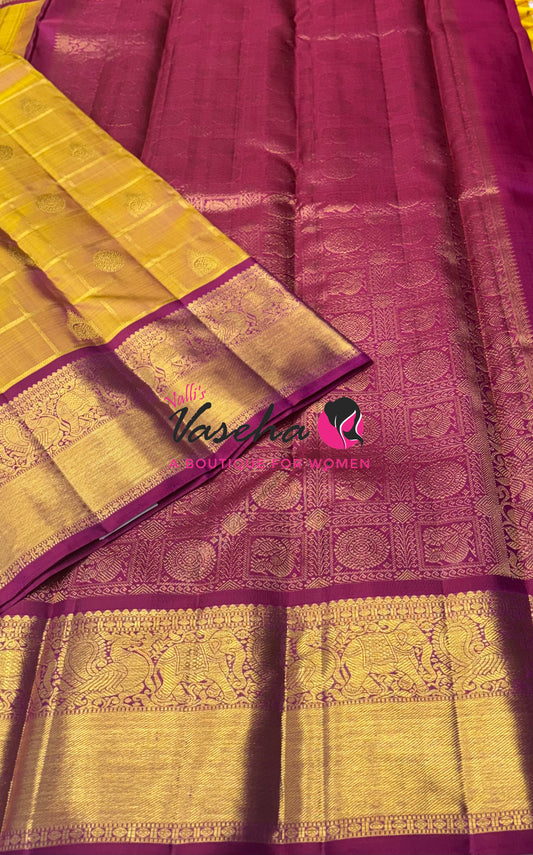 Pure Kanchipuram Silk Saree - Dual Tone Gold & Pink Combo - VVPS025