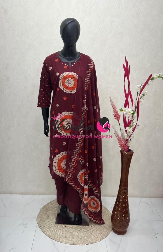 Ready Made |Salwar, Kameez & Duppatta(3pc) | Batik Printed - Wine | VVRMS025