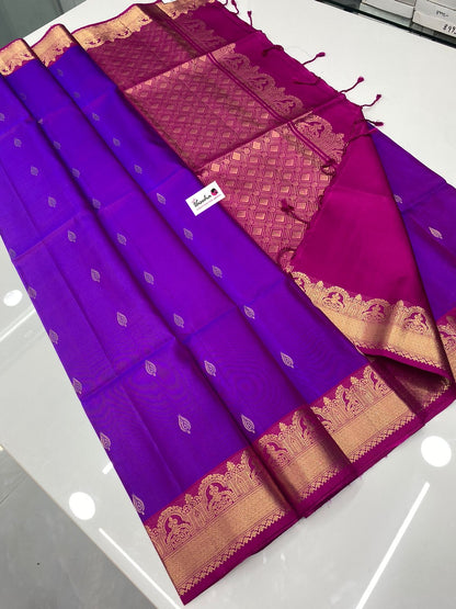 Pure Soft Silk Saree - Kanchi border - Purplish Pink Combo - VVPSS015