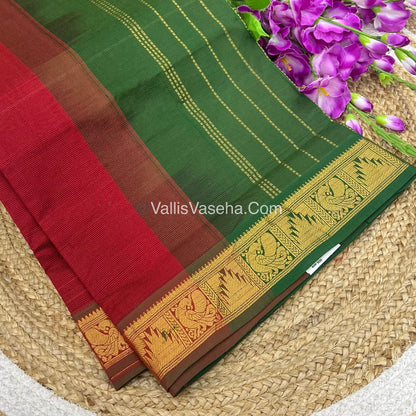 Semi Silk Cotton Saree - Red With Green  Shade - VVSSC008