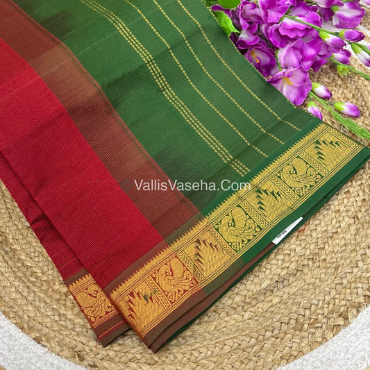 Semi Silk Cotton Saree - Red With Green  Shade - VVSSC008