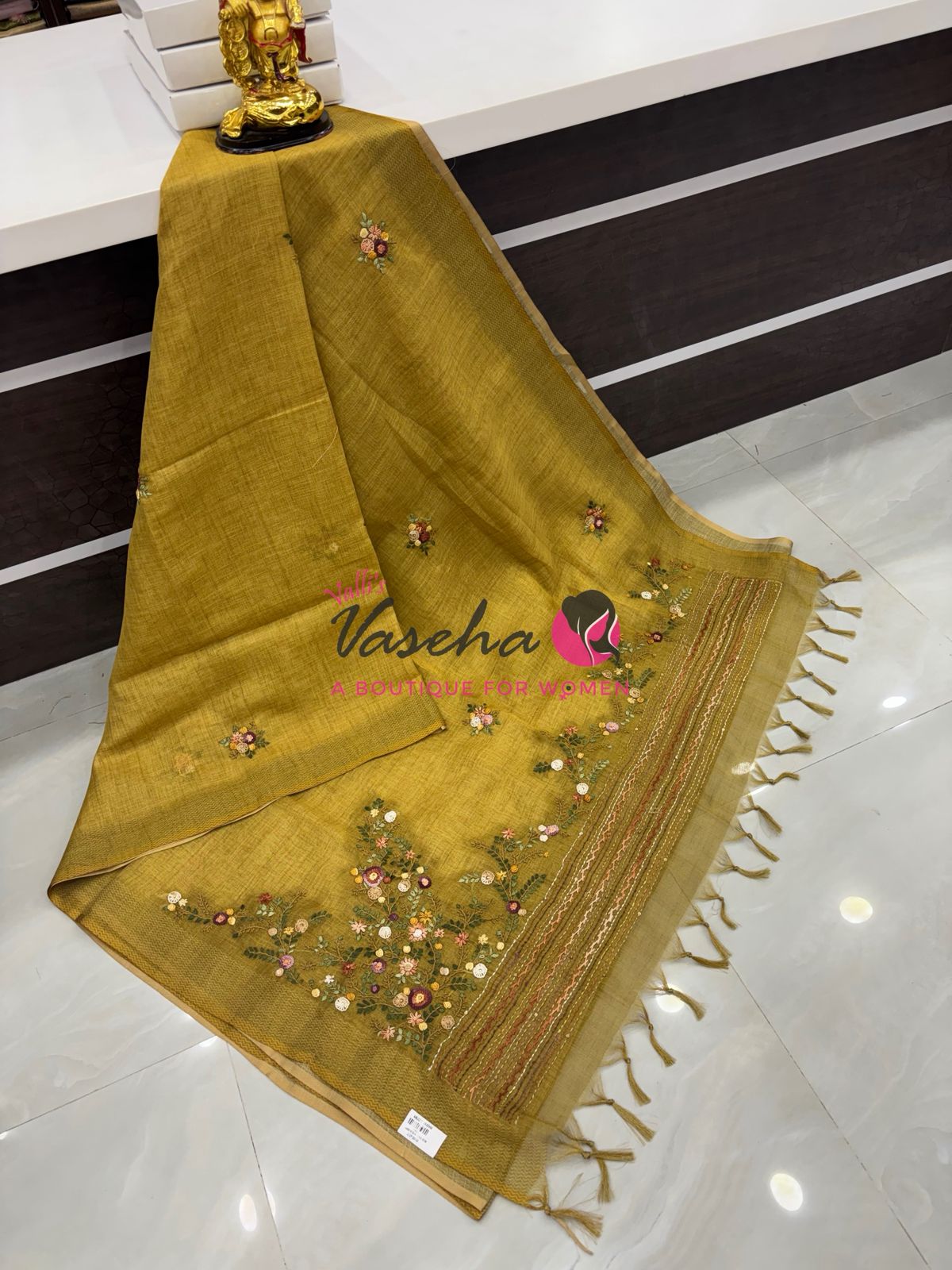 French Knot - Linen Tissue Saree - Mustard Greenish Yellow Shade - Heavy Work Blouse - VVLFN018