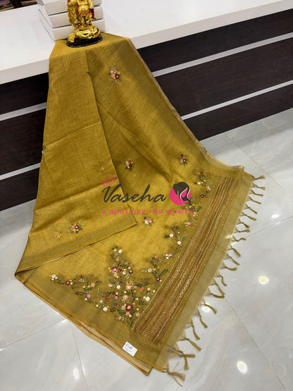 French Knot - Linen Tissue Saree - Mustard Greenish Yellow Shade - Heavy Work Blouse - VVLFN018