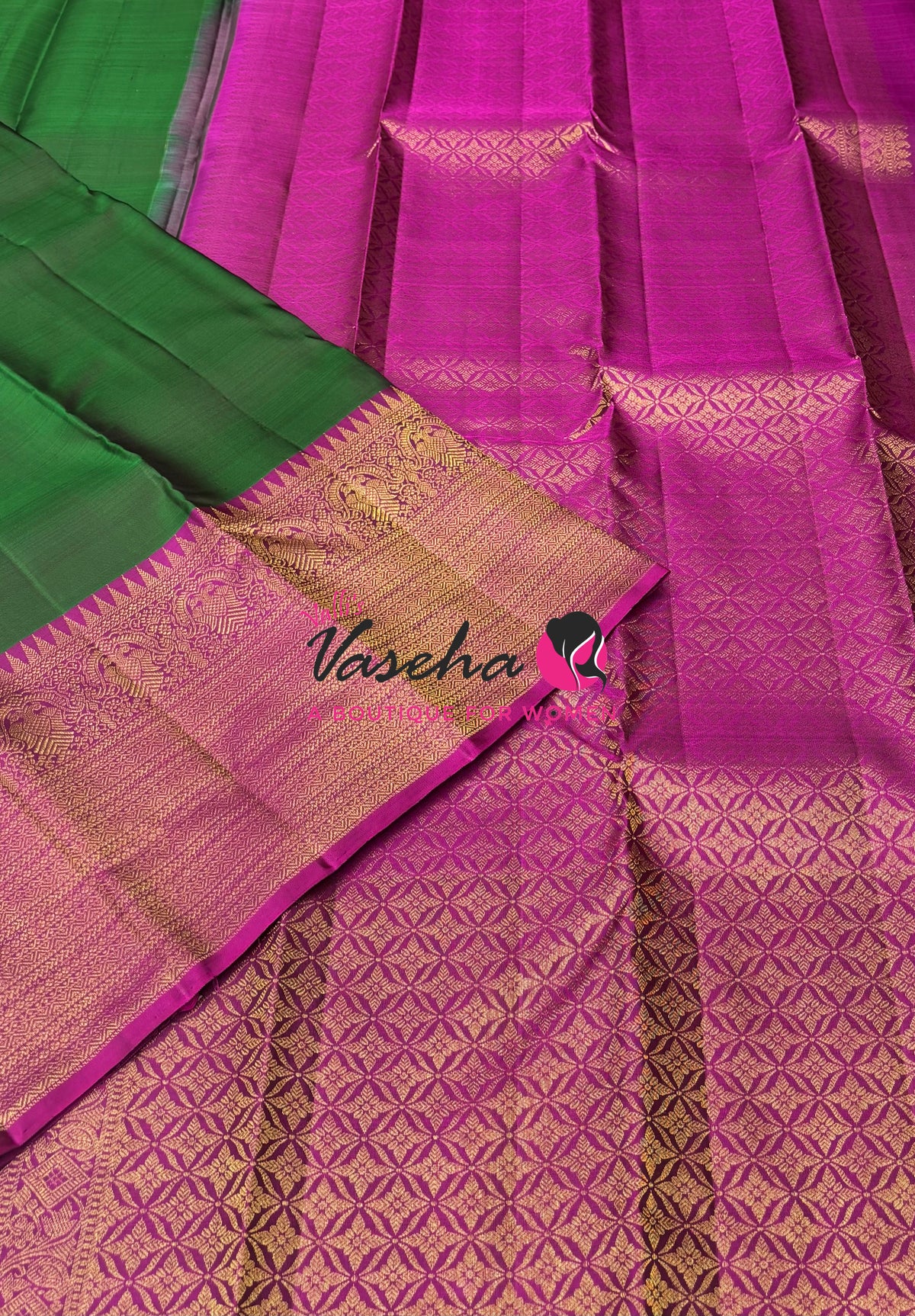 Pure Kanchipuram Silk Saree - Green  With Purplish Pink Combo - VVPS012