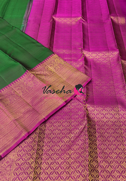 Pure Kanchipuram Silk Saree - Green  With Purplish Pink Combo - VVPS012