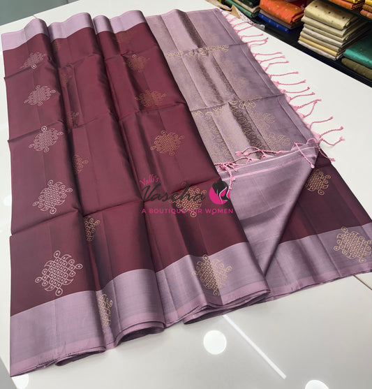 Pure Soft Silk Saree - (1.75 Warp) Kolam Design - Shade Of Maroon & Onion Pink Shade - VVPSS074