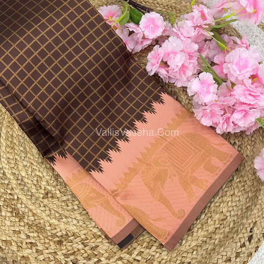 Semi Silk Saree - Kanchi Silk Style - Elephant Border - Brown with Peach - VVSSS005