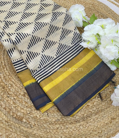 Pure Tussar Silk - Cream With Yellow & Black Shade - VVPTS001