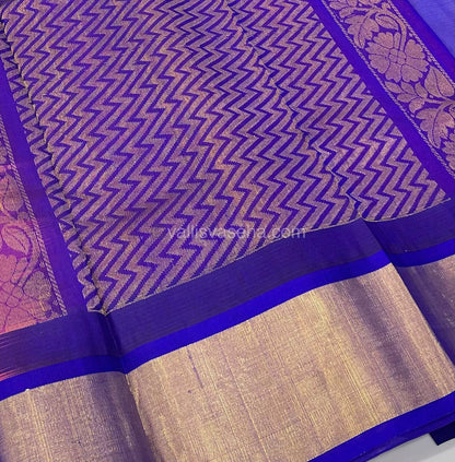 Pure Korvai Silk Cotton Saree - Pinkish Peach with Violetish Blue Combo - Temple border - VVKSC001