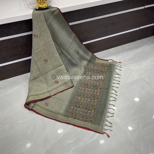 French Knot - Tissue Saree - Greyish Light Olive Shade - VVLFN001