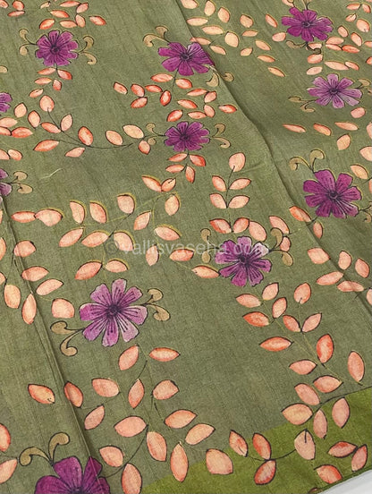 Semi Tussar Saree - Purple with Green Combo -  VVSTS003