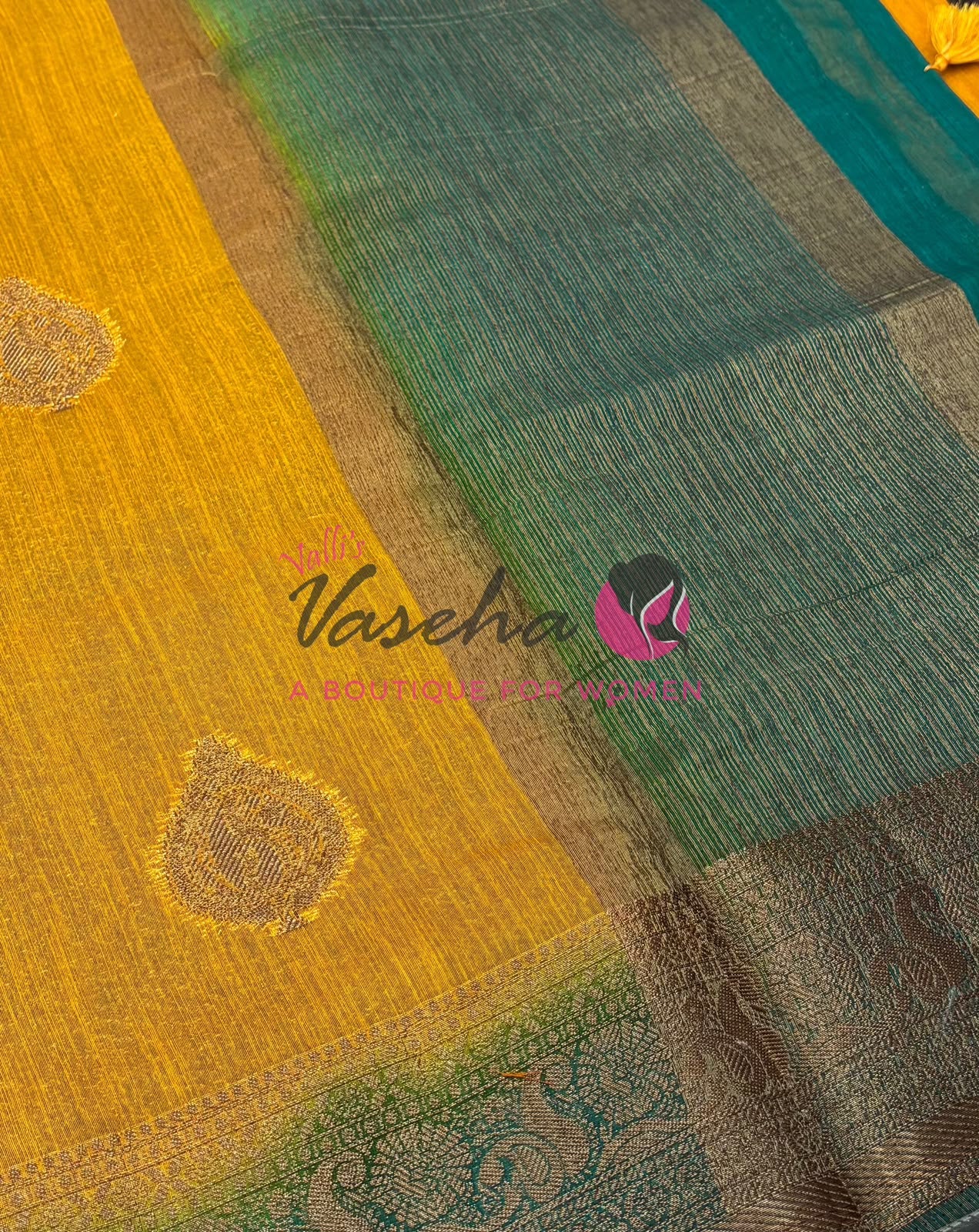 Bamboo Silk Saree- Yellow with Green Shade - VVBSS013