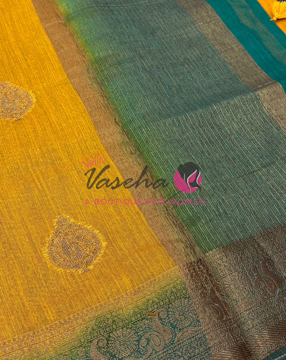 Bamboo Silk Saree- Yellow with Green Shade - VVBSS013