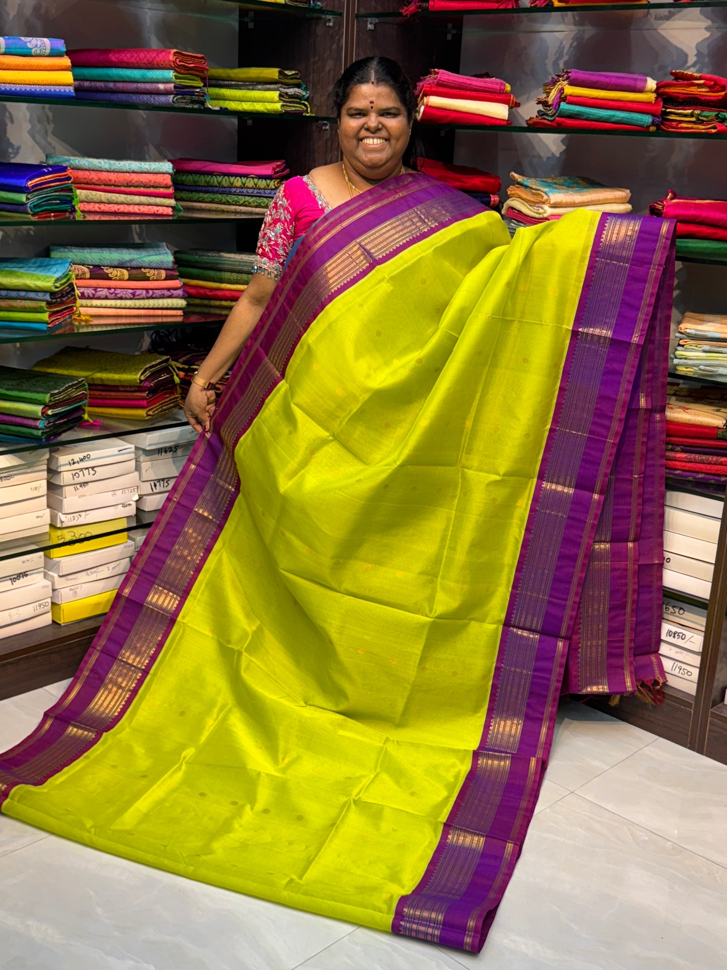 Pure Korvai Silk Cotton Saree - Lemon Green with Purple - Retta Petta border - VVKSC004