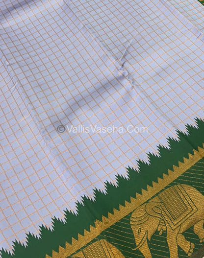 Semi Silk Saree - Kanchi Silk Style - Elephant Border - Ice Blue with Green - VVSSS005
