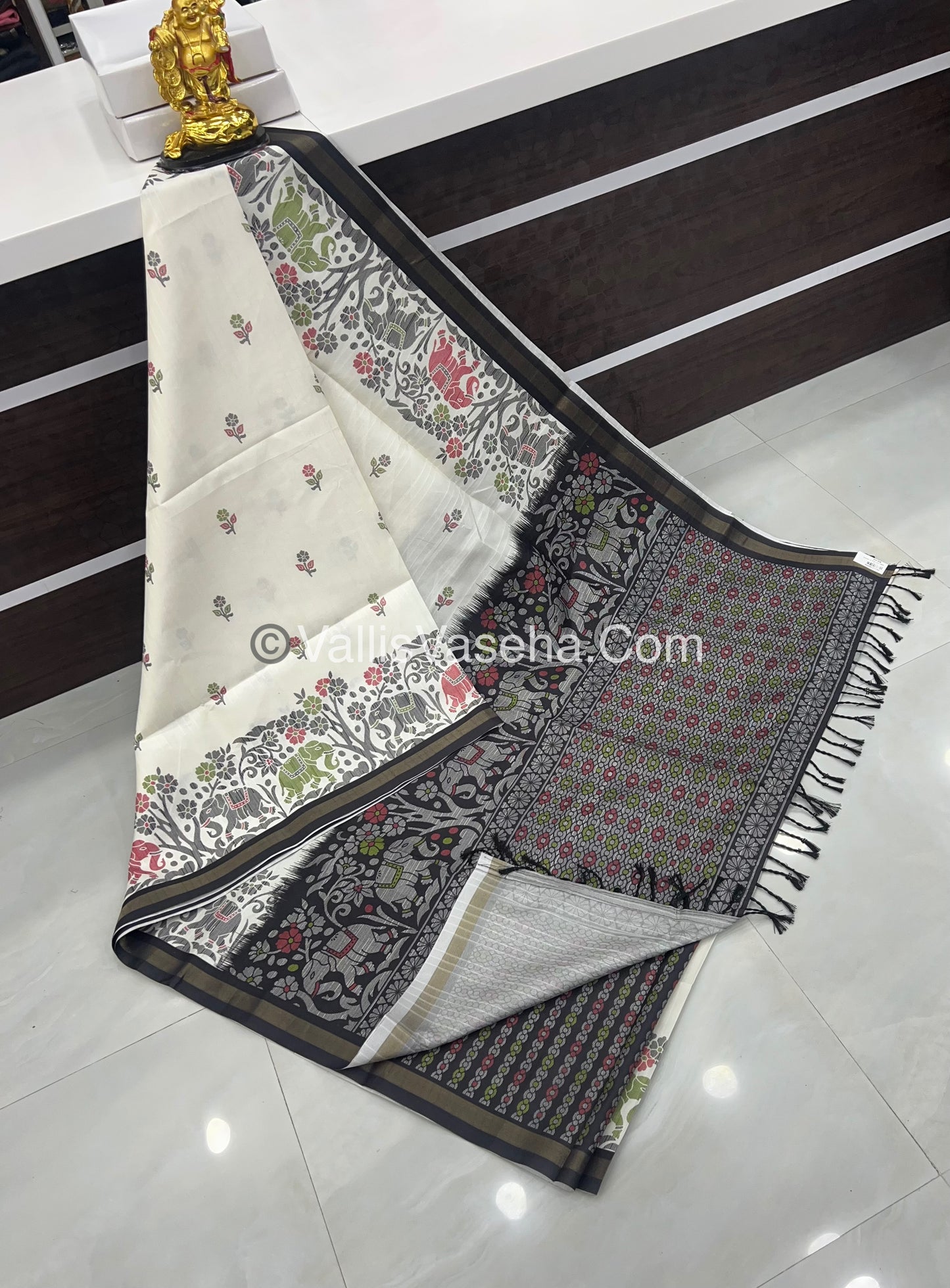 Semi Tussar / Semi Chappa Silk | Elephant Design| - Cream & Black Combo - VVSTS018