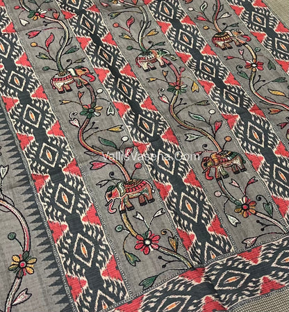 Semi Tussar - Kantha Work Embroidery - Grey Shade - VVSTK001