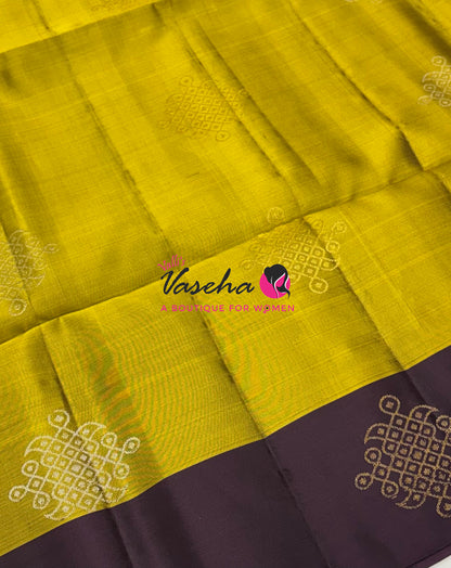 Pure Soft Silk Saree - (1.75 Warp) Kolam Design - Green With Brown - VVPSS074