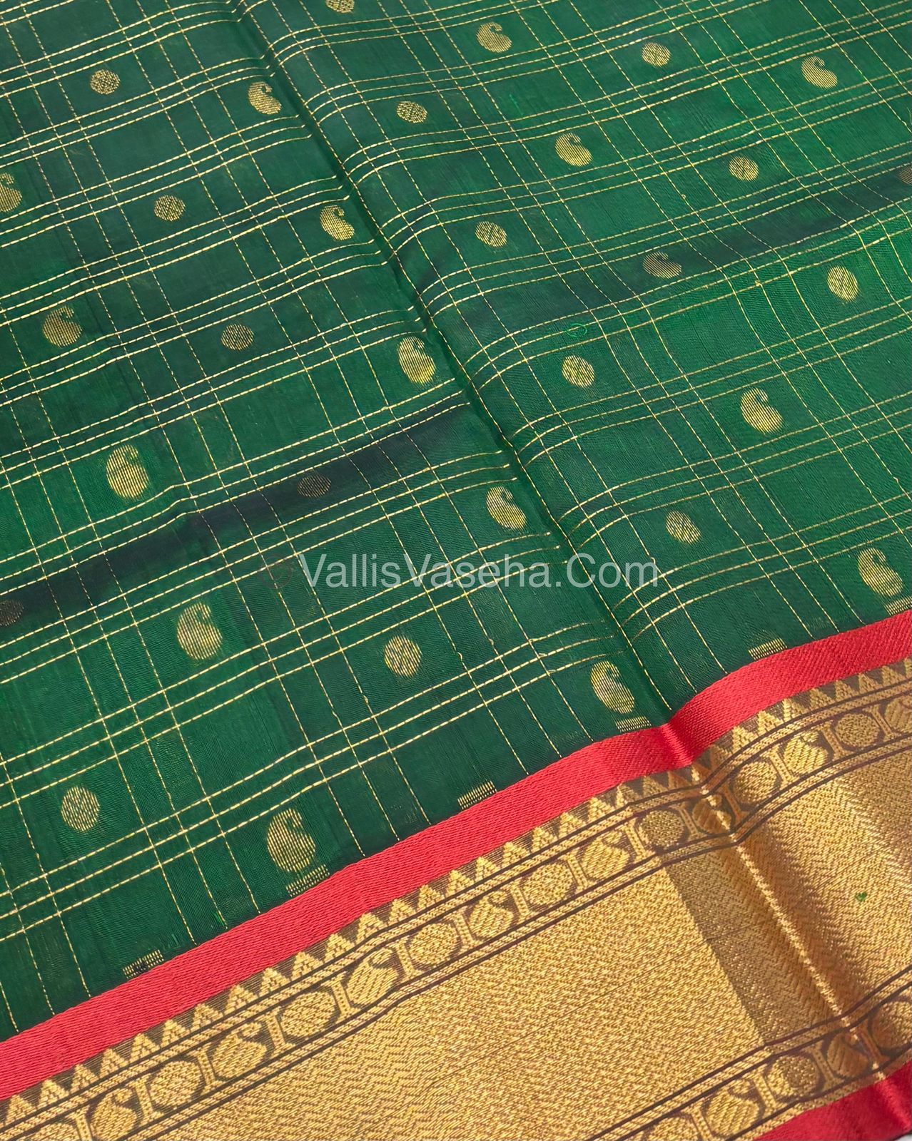 Pure Korvai Silk Cotton - Checks Pattern - Green with Red  Shade  - VVKSC035