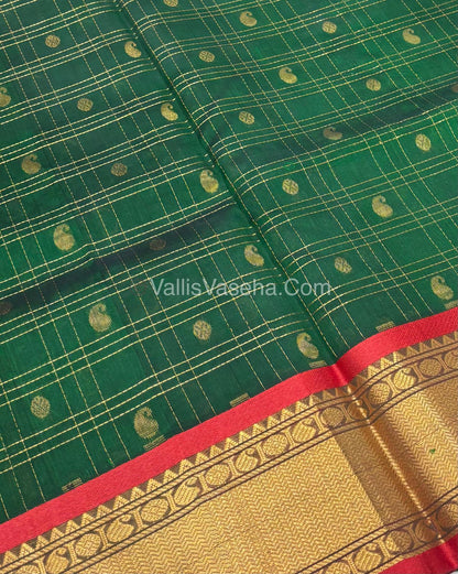 Pure Korvai Silk Cotton - Checks Pattern - Green with Red  Shade  - VVKSC035