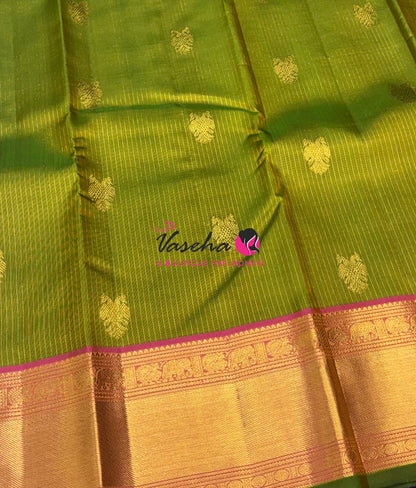 Pure Kanchipuram Silk Saree - Vairavoosi Design  - Green With Pink - VVPS059