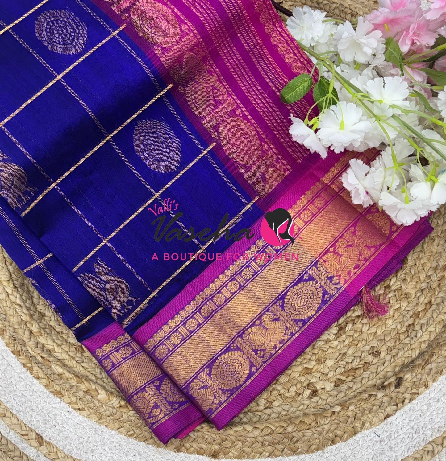 Pure Silk Cotton Saree - Mayil & Chakkaram Design - Blue With Pink Shade - VVMC001