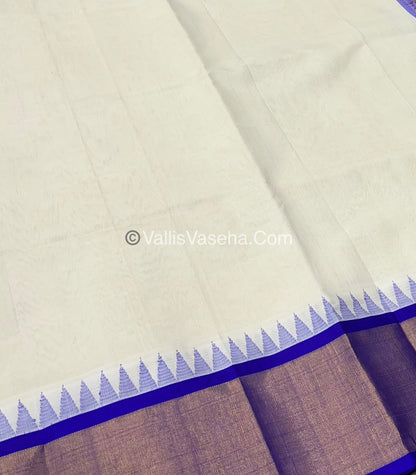 Pure Korvai Silk Cotton Saree - Cream With Blue Shade Temple border - VVKSC001