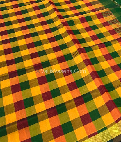 Pure Silk Cotton Saree - Pazhum Pazhamum Checks Design - Green Pallu - VVPPSC01