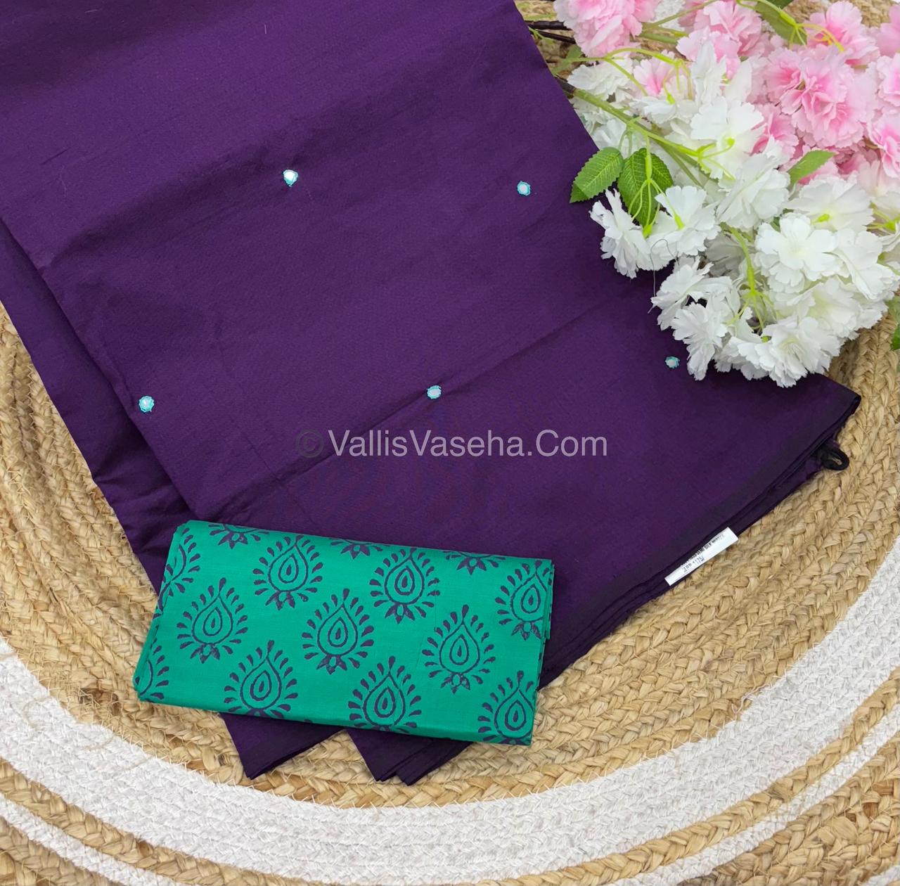 Poly Silk Mixed Cotton - Mirror Work Embroidery - Purple with Green - VVPCM001